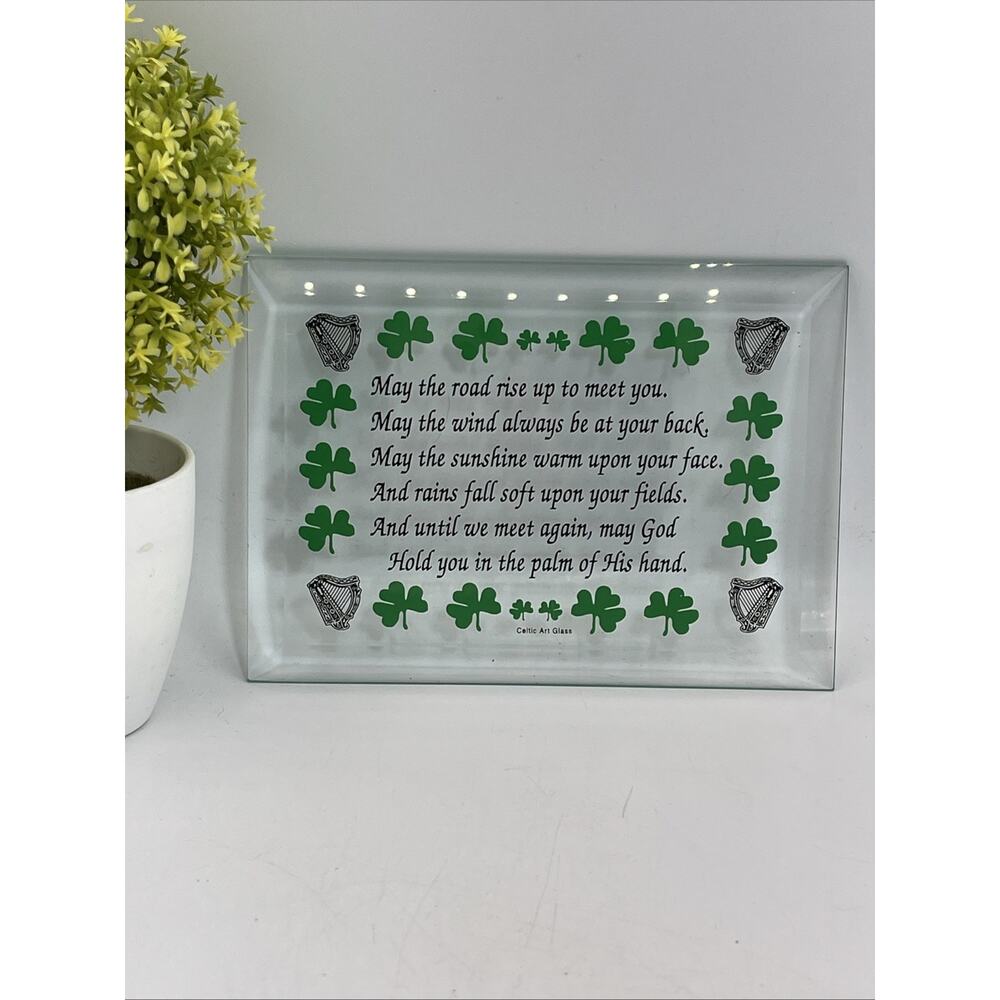 Celtic Art Glass “may god Hold You In The Palm Of His Hand” 7x5” Shamrock Clover